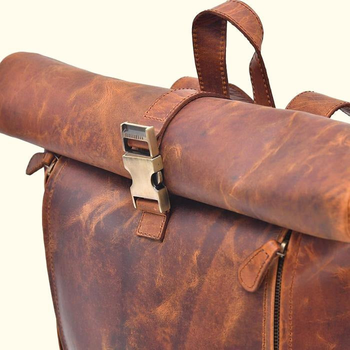 Vintage Roll Up Buffalo Leather Backpack - Brown