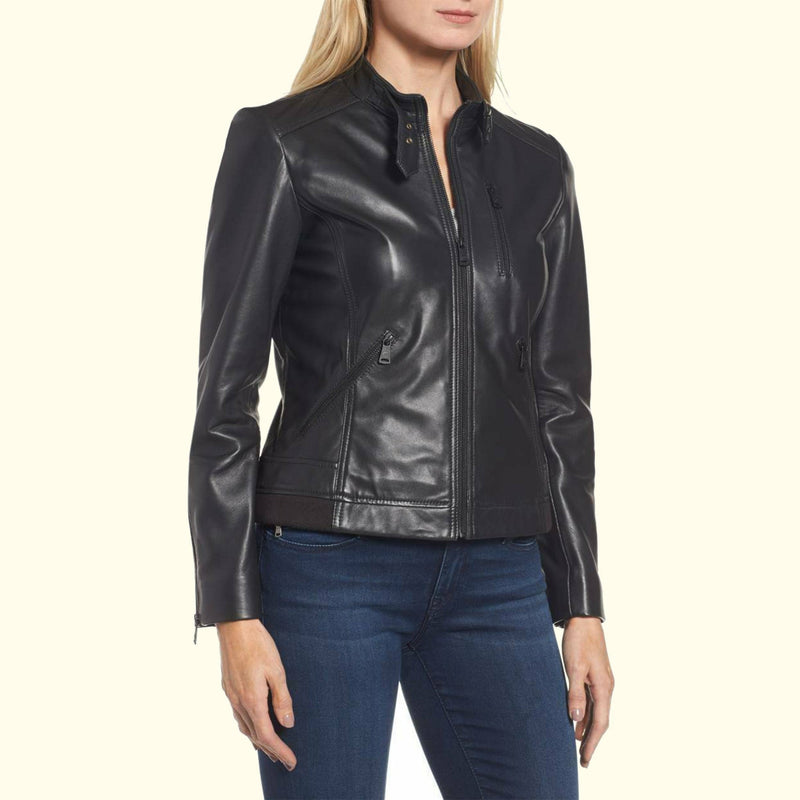 Monterrey Black Snap Tab Collar Women Leather Jacket