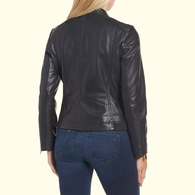 Monterrey Black Snap Tab Collar Women Leather Jacket