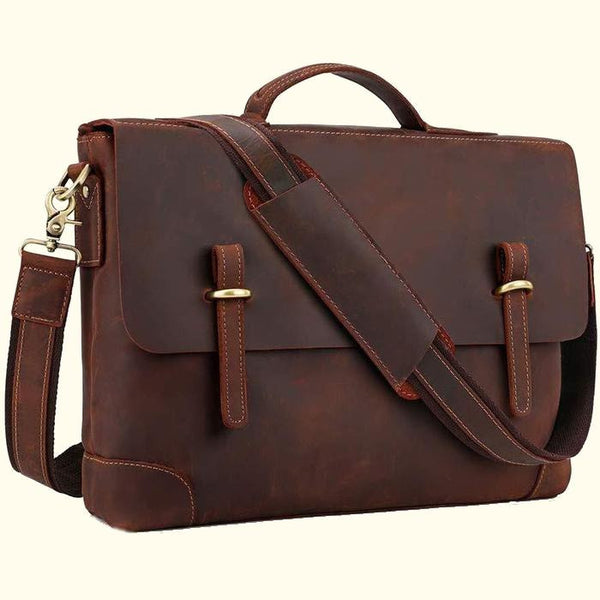 Large 17-inch Leather Laptop Bag for Men with Detachable Shoulder Strap