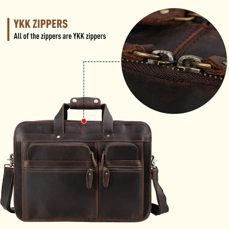 Large Full Grain Leather Laptop Briefcase - Brown