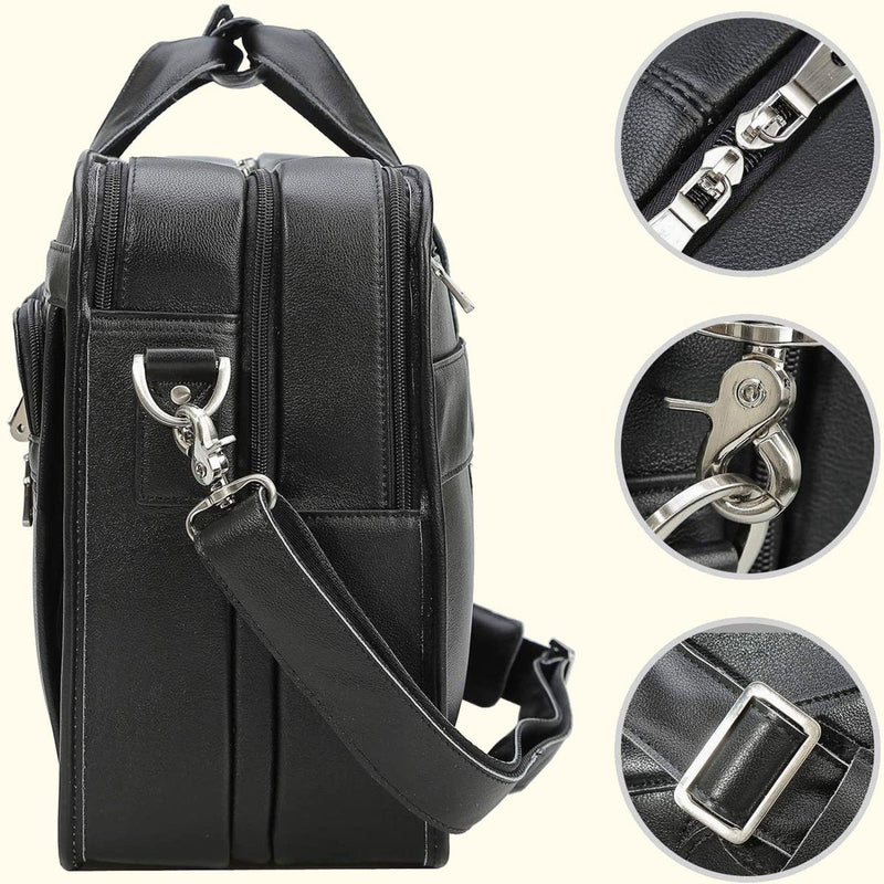 Large Full Grain Leather Laptop Briefcase - Black