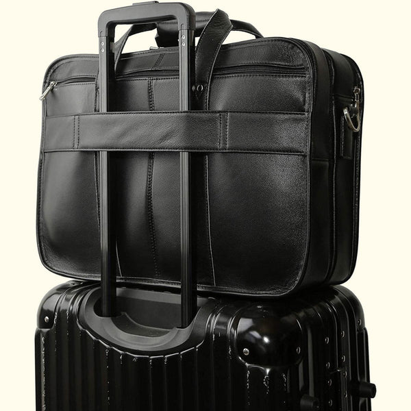 Large Full Grain Leather Laptop Briefcase - Black