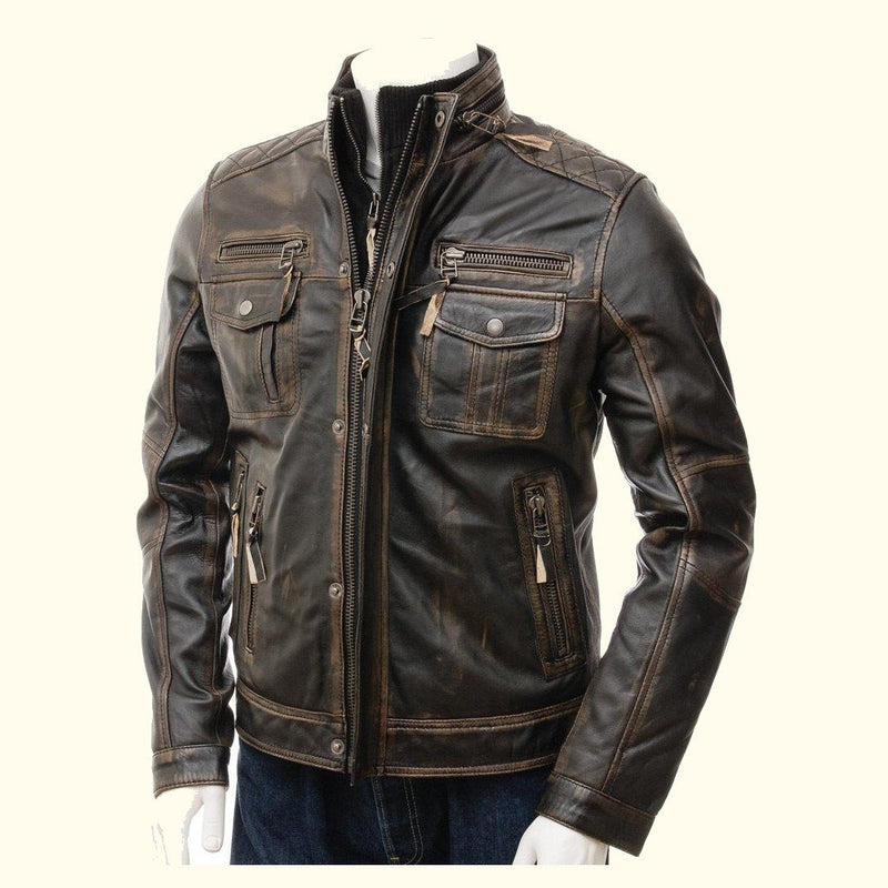 Mens Slim Fit Vintage Distressed Brown Cafe Leather Jacket