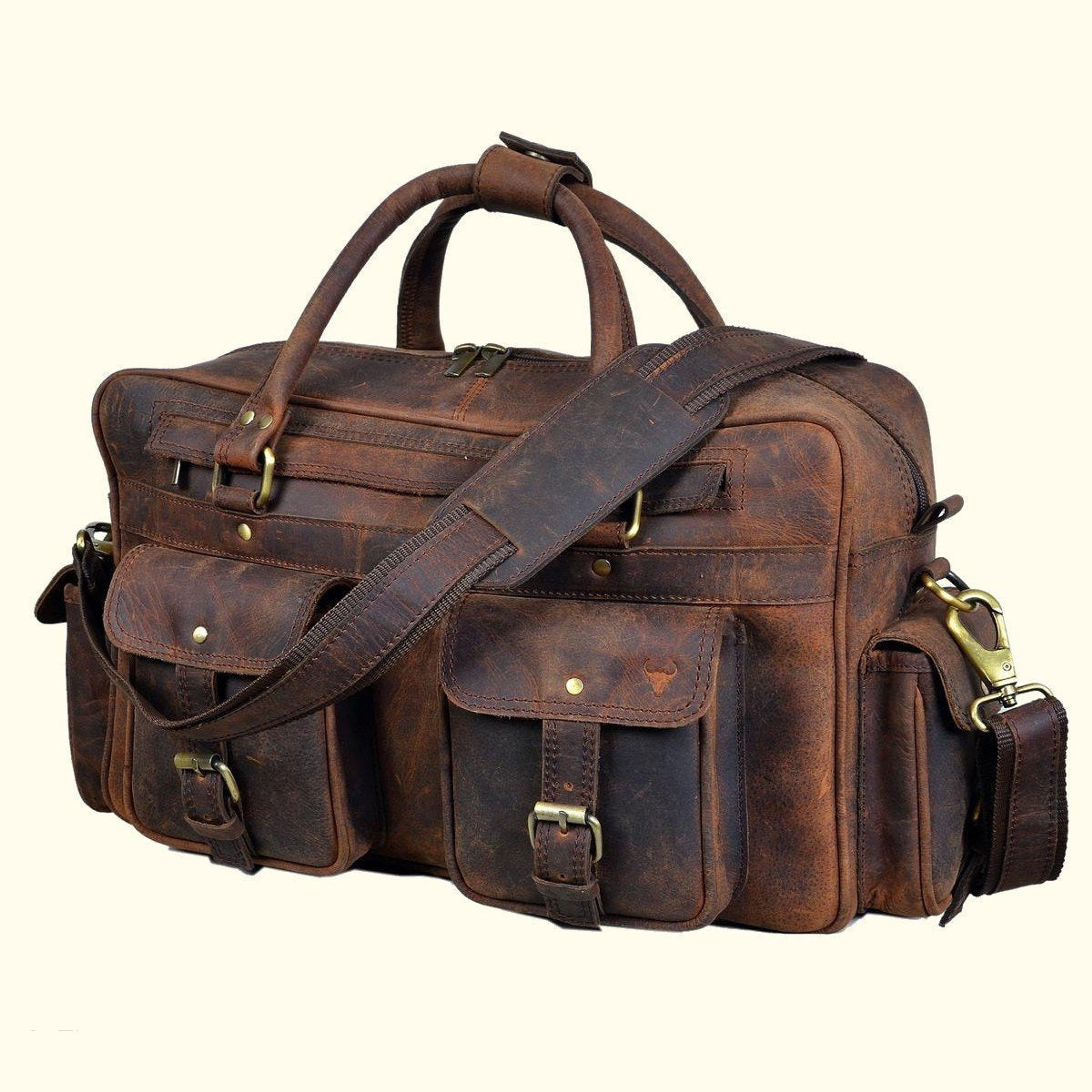 Retro Buffalo Leather Captain Briefcase - Vintage Oak