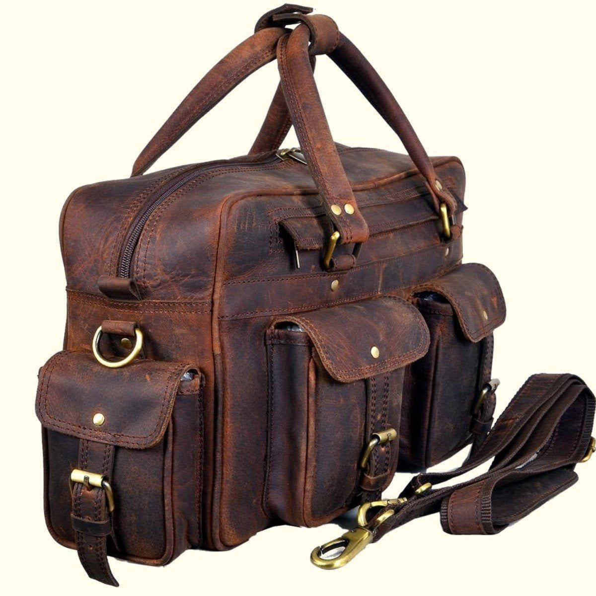 Retro Buffalo Leather Captain Briefcase - Vintage Oak